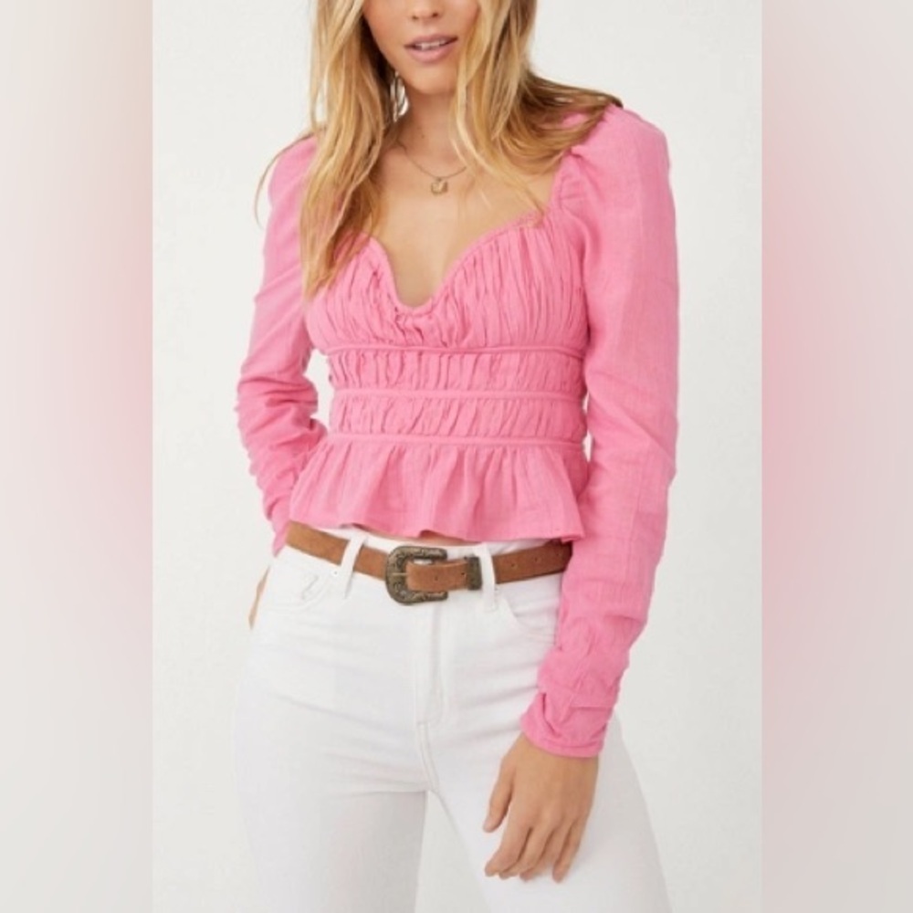 Free People Chloe Puff Sleeve Smocked Tie Neck Cotton Top Pink‎ Size XS